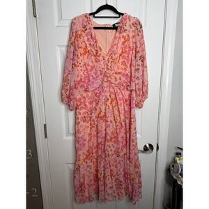 DKNY Peachy Pink Floral V Neck Smocked Waist Midi Dress Spring Easter Size 16